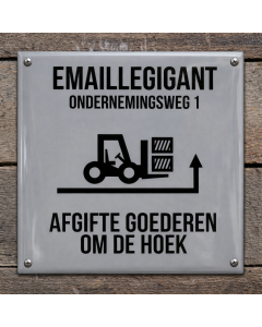 Emaljskylt: Godsavlämning runt hörnet