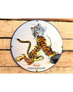 Esso Extra Gasoline" – Fuel Your Drive with the Iconic Tiger Emaljskylt