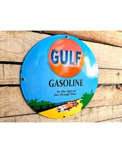 Gulf Gasoline "At the Sign of the Orange Disc" - Emaljskylt