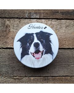 Foto på gravsten, personligt runt foto med text