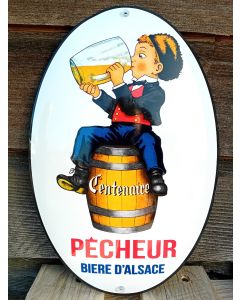 Centenaire Pecheur biere d'alsace reklamskylt i emalj